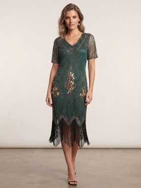 New Women's Green Beaded Fringe V-Neck Evening Cocktail Dress Large